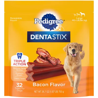 Pedigree Dentastix Large Breed Dog Treats, Bacon Flavor, 32 Count