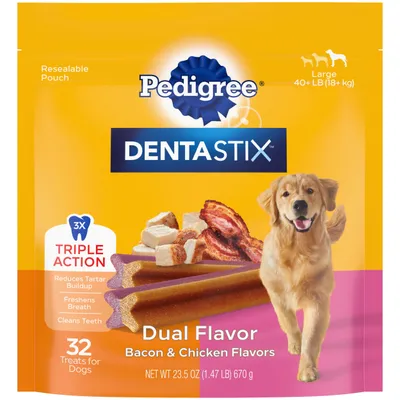 Pedigree Dentastix Large Breed Dog Treats, Bacon & Chicken, 32 Count