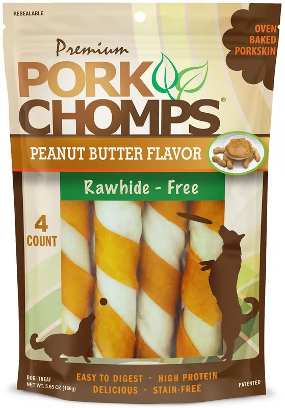 Pork Chomps 6-inch Peanut Butter Twist Dog Chews, 4 Count